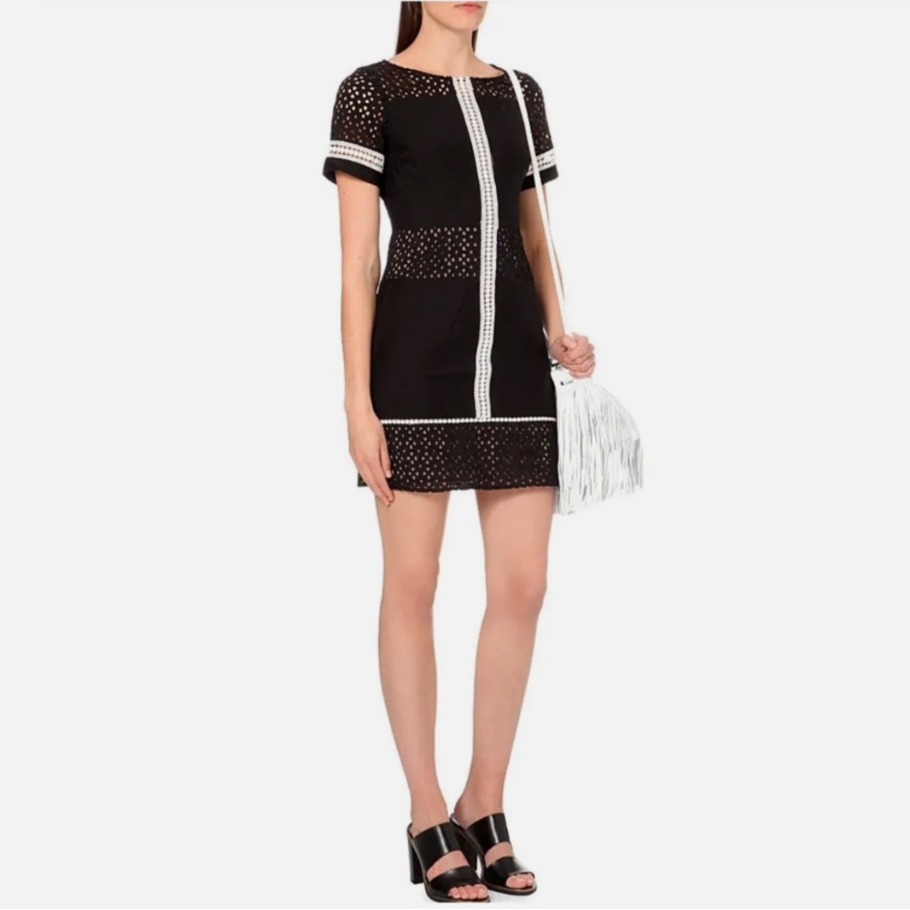 NWT Karen Millen Black Broderie Paneled Mini Dress With Short Sleeves, Size 4